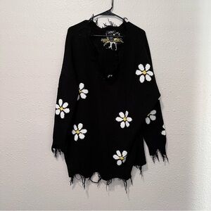 Just Polly NY Poly & Esther V-Neck Daisy Sweater Black White and Yellow Size XL
